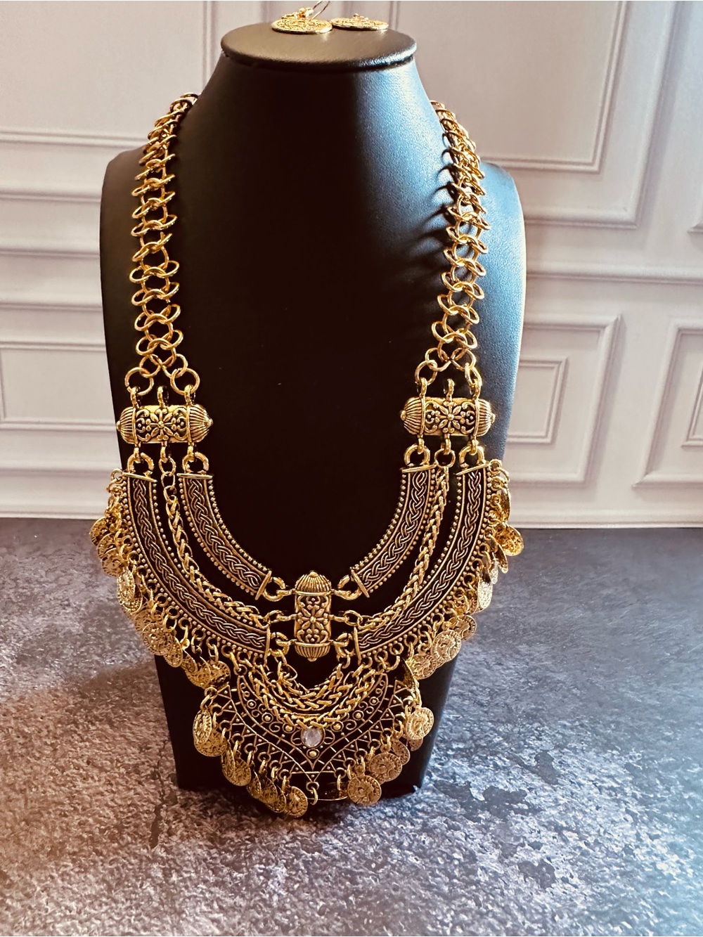 OVER-THE-TOP HEAVY INDIAN GOLD-TONE COIN STATEMENT NECKLACE & EARRING SET